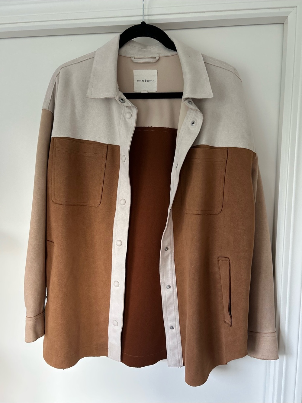 Thread & Supply Two-Tone Utility Jacket in Cream and Brown Suede